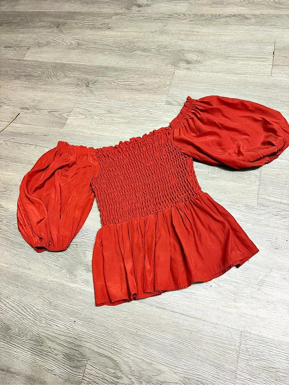 Red Smocked Puff Sleeve Blouse